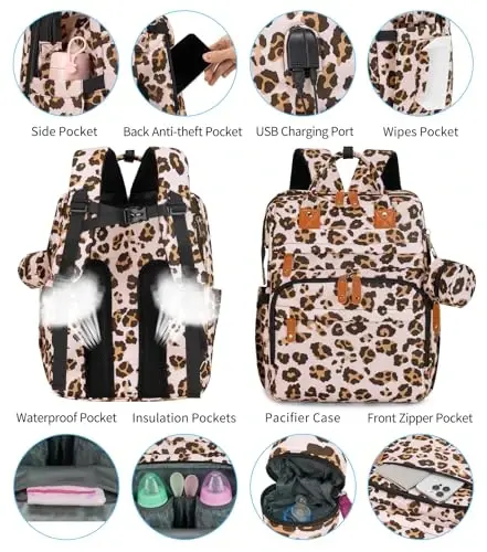 KABAQOO Diaper Bag Backpack with Detachable Changing Station, Large Capacity Baby Diaper Bags for Boys & Girls, Baby Registry Search Stuff & Shower Gifts, Newborn Essentials Must Haves, Leopard Print - 3