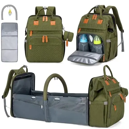 KABAQOO Diaper Bag Backpack with Detachable Changing Station, Large Capacity Baby Diaper Bags for Boys & Girls, Baby Registry Search Stuff & Shower Gifts, Newborn Essentials Must Haves, Army Green - 1