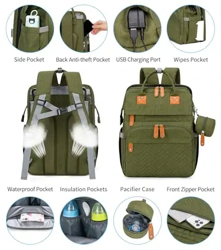KABAQOO Diaper Bag Backpack with Detachable Changing Station, Large Capacity Baby Diaper Bags for Boys & Girls, Baby Registry Search Stuff & Shower Gifts, Newborn Essentials Must Haves, Army Green - 3