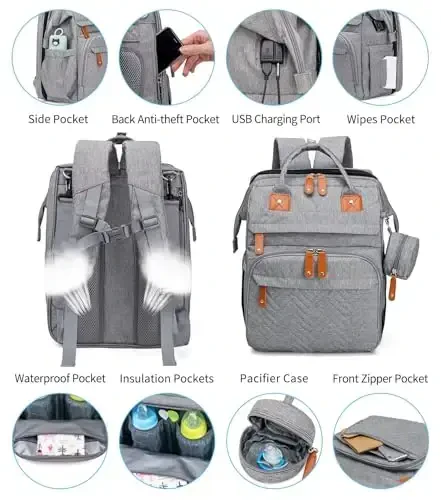 KABAQOO Diaper Bag Backpack with Detachable Changing Station, Large Capacity Baby Diaper Bags for Boys & Girls, Baby Registry Search Stuff & Shower Gifts, Newborn Essentials Must Haves, Grey - 5
