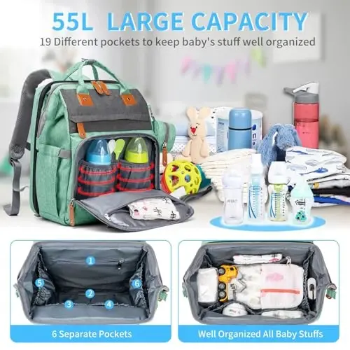 KABAQOO Diaper Bag Backpack with Detachable Changing Station, Large Capacity Baby Diaper Bags for Boys & Girls, Baby Registry Search Stuff & Shower Gifts, Newborn Essentials Must Haves, Green Grey - 2
