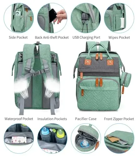 KABAQOO Diaper Bag Backpack with Detachable Changing Station, Large Capacity Baby Diaper Bags for Boys & Girls, Baby Registry Search Stuff & Shower Gifts, Newborn Essentials Must Haves, Green Grey - 3