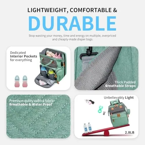 KABAQOO Diaper Bag Backpack with Detachable Changing Station, Large Capacity Baby Diaper Bags for Boys & Girls, Baby Registry Search Stuff & Shower Gifts, Newborn Essentials Must Haves, Green Grey - 4