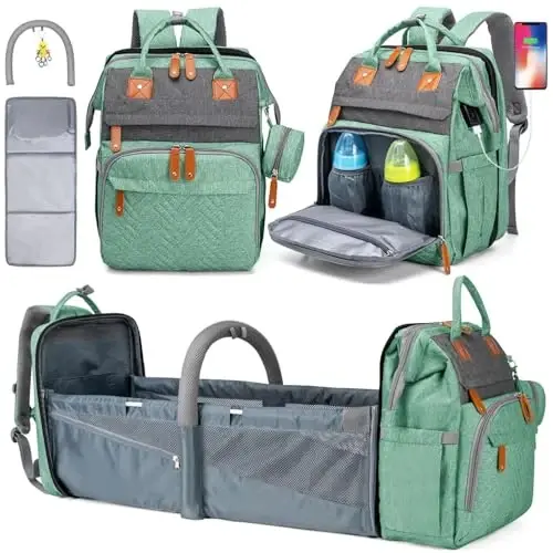 KABAQOO Diaper Bag Backpack with Detachable Changing Station, Large Capacity Baby Diaper Bags for Boys & Girls, Baby Registry Search Stuff & Shower Gifts, Newborn Essentials Must Haves, Green Grey - 1