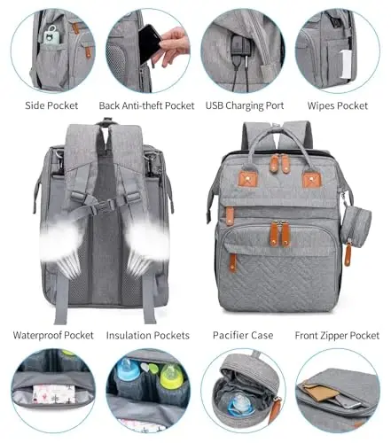 KABAQOO Diaper Bag Backpack, Large Baby Diaper Bags for Boys Girls, Baby Bag with USB Charging Port, Multifunction Waterproof Travel Back Pack for Moms Dads, Grey - 5