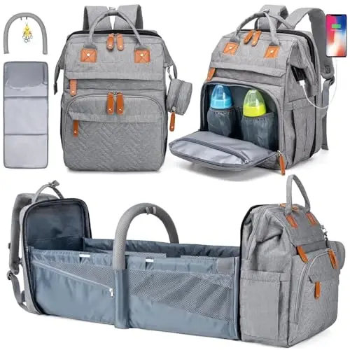 KABAQOO Diaper Bag Backpack, Large Baby Diaper Bags for Boys Girls, Baby Bag with USB Charging Port, Multifunction Waterproof Travel Back Pack for Moms Dads, Grey - 2