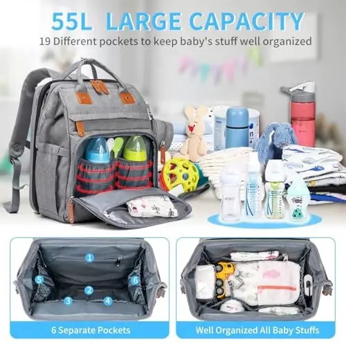 KABAQOO Diaper Bag Backpack, Large Baby Diaper Bags for Boys Girls, Baby Bag with USB Charging Port, Multifunction Waterproof Travel Back Pack for Moms Dads, Grey - 3