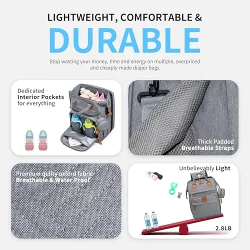 KABAQOO Diaper Bag Backpack, Large Baby Diaper Bags for Boys Girls, Baby Bag with USB Charging Port, Multifunction Waterproof Travel Back Pack for Moms Dads, Grey - 5