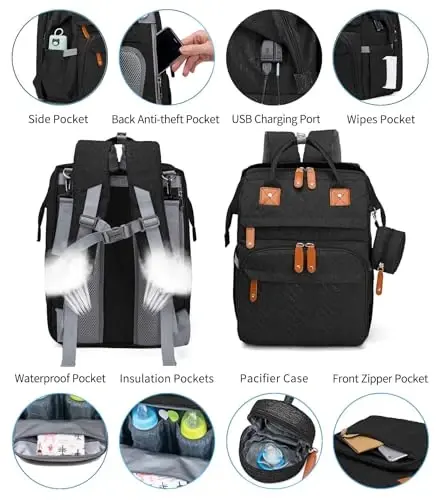 KABAQOO Diaper Bag Backpack with Detachable Changing Station, Large Capacity Baby Diaper Bags for Boys & Girls, Baby Registry Search Stuff & Shower Gifts, Newborn Essentials Must Haves, Black-2s - 3