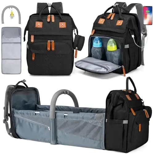 KABAQOO Diaper Bag Backpack with Detachable Changing Station, Large Capacity Baby Diaper Bags for Boys & Girls, Baby Registry Search Stuff & Shower Gifts, Newborn Essentials Must Haves, Black-2s 