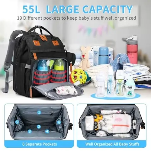 KABAQOO Diaper Bag Backpack with Detachable Changing Station, Large Capacity Baby Diaper Bags for Boys & Girls, Baby Registry Search Stuff & Shower Gifts, Newborn Essentials Must Haves, Black-2s - 2