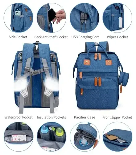KABAQOO Diaper Bag Backpack with Detachable Changing Station, Large Capacity Baby Diaper Bags for Boys & Girls, Baby Registry Search Stuff & Shower Gifts, Newborn Essentials Must Haves, Blue - 3