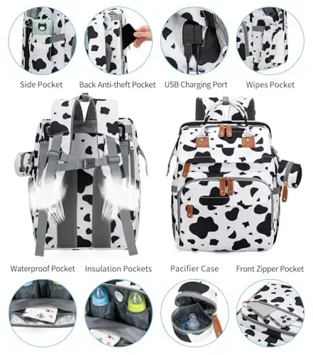 KABAQOO Diaper Bag Backpack with Detachable Changing Station, Large Capacity Baby Diaper Bags for Boys & Girls, Baby Registry Search Stuff & Shower Gifts, Newborn Essentials Must Haves, Cow - 3