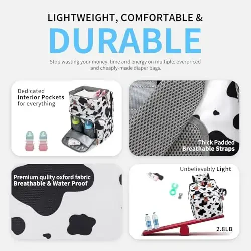KABAQOO Diaper Bag Backpack with Detachable Changing Station, Large Capacity Baby Diaper Bags for Boys & Girls, Baby Registry Search Stuff & Shower Gifts, Newborn Essentials Must Haves, Cow - 4