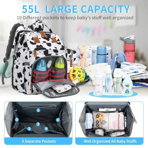 KABAQOO Diaper Bag Backpack with Detachable Changing Station, Large Capacity Baby Diaper Bags for Boys & Girls, Baby Registry Search Stuff & Shower Gifts, Newborn Essentials Must Haves, Cow - 2