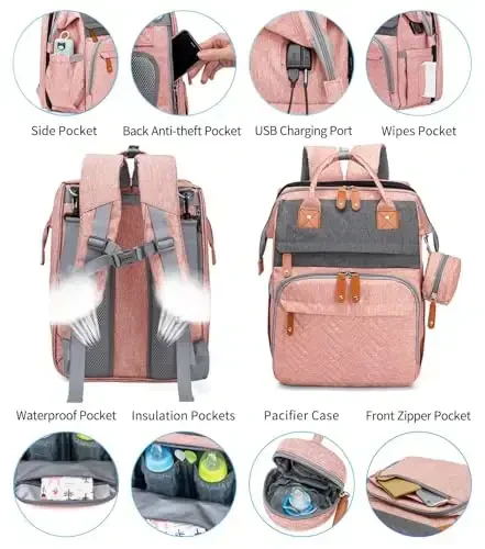 KABAQOO Diaper Bag Backpack with Detachable Changing Station, Large Capacity Baby Diaper Bags for Boys & Girls, Baby Registry Search Stuff & Shower Gifts, Newborn Essentials Must Haves, Pink Grey - 3