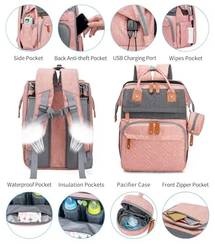 KABAQOO Diaper Bag Backpack with Detachable Changing Station, Large Capacity Baby Diaper Bags for Boys & Girls, Baby Registry Search Stuff & Shower Gifts, Newborn Essentials Must Haves, Pink Grey - 3