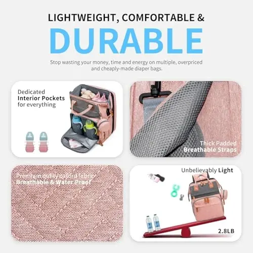 KABAQOO Diaper Bag Backpack with Detachable Changing Station, Large Capacity Baby Diaper Bags for Boys & Girls, Baby Registry Search Stuff & Shower Gifts, Newborn Essentials Must Haves, Pink Grey - 4
