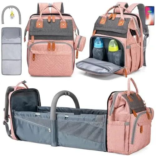 KABAQOO Diaper Bag Backpack with Detachable Changing Station, Large Capacity Baby Diaper Bags for Boys & Girls, Baby Registry Search Stuff & Shower Gifts, Newborn Essentials Must Haves, Pink Grey 
