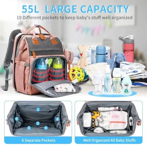 KABAQOO Diaper Bag Backpack with Detachable Changing Station, Large Capacity Baby Diaper Bags for Boys & Girls, Baby Registry Search Stuff & Shower Gifts, Newborn Essentials Must Haves, Pink Grey - 2