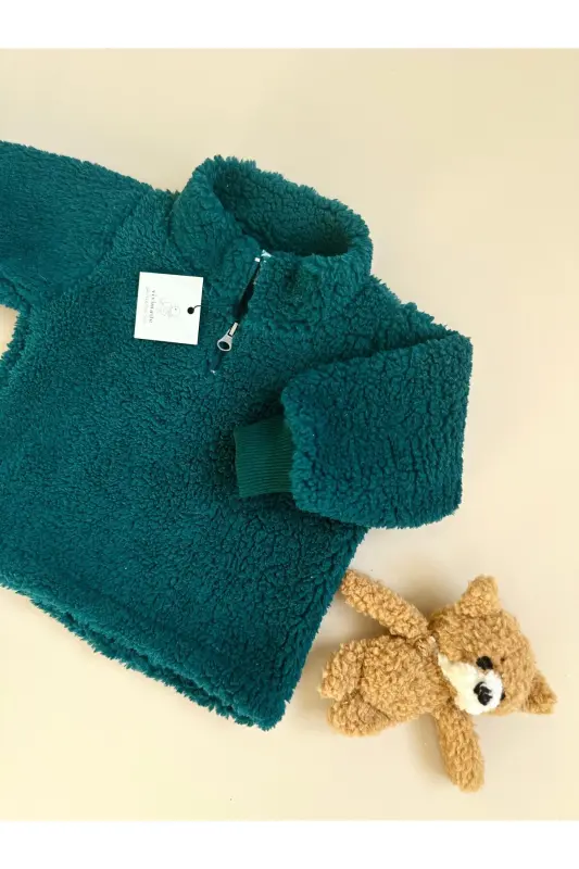 Fluffy Fermuarlı Bebek Çocuk Peluş Sweatshirt-Nefti - 2