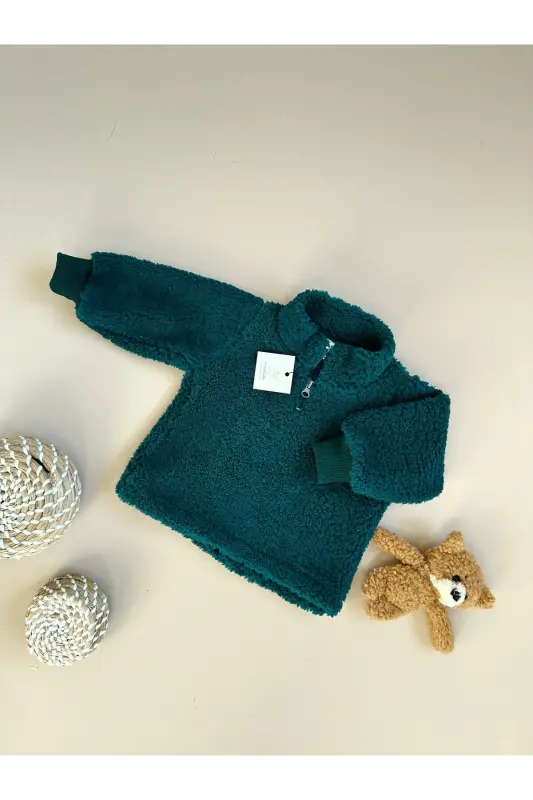 Fluffy Fermuarlı Bebek Çocuk Peluş Sweatshirt-Nefti - 3