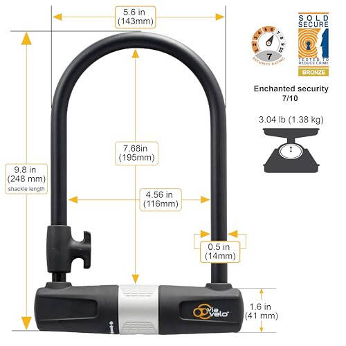 Kabelli Velosiped U Qulfı - Via Velo Og'ir Yuklama Velosiped U Qulfı, 14 mm Qo'ltig'i va 10 mm x 1.8 m Kabel, Yo'l, Tog', Elektr va Katlanuvchi Velosipedlar Uchun O'rnatish Qavs bilan - 1
