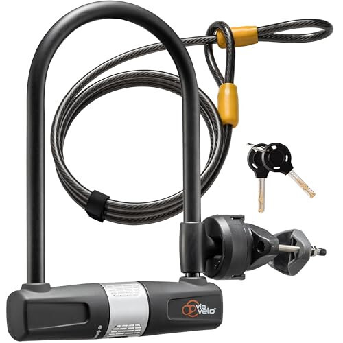 Kabelli Velosiped U Qulfı - Via Velo Og'ir Yuklama Velosiped U Qulfı, 14 mm Qo'ltig'i va 10 mm x 1.8 m Kabel, Yo'l, Tog', Elektr va Katlanuvchi Velosipedlar Uchun O'rnatish Qavs bilan - 4