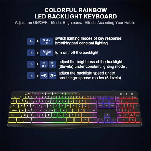 Computer Keyboard Wired,7-Color Rainbow LED Backlit, Quiet Light Up Keyboard with Multimedia Keys,Low Profile Chiclet Keys,Large Number Pad,Spill-Resistant, Anti-Wear Letters for Windows Mac PC Laptop - Acebaff (1)