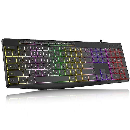 Computer Keyboard Wired,7-Color Rainbow LED Backlit, Quiet Light Up Keyboard with Multimedia Keys,Low Profile Chiclet Keys,Large Number Pad,Spill-Resistant, Anti-Wear Letters for Windows Mac PC Laptop - Acebaff