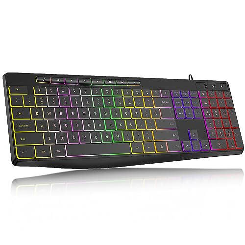 Computer Keyboard Wired,7-Color Rainbow LED Backlit, Quiet Light Up Keyboard with Multimedia Keys,Low Profile Chiclet Keys,Large Number Pad,Spill-Resistant, Anti-Wear Letters for Windows Mac PC Laptop - 1