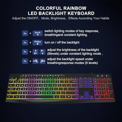 Computer Keyboard Wired,7-Color Rainbow LED Backlit, Quiet Light Up Keyboard with Multimedia Keys,Low Profile Chiclet Keys,Large Number Pad,Spill-Resistant, Anti-Wear Letters for Windows Mac PC Laptop - 2
