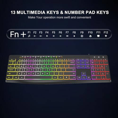 Computer Keyboard Wired,7-Color Rainbow LED Backlit, Quiet Light Up Keyboard with Multimedia Keys,Low Profile Chiclet Keys,Large Number Pad,Spill-Resistant, Anti-Wear Letters for Windows Mac PC Laptop - 4