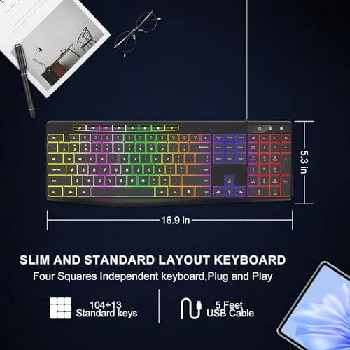 Computer Keyboard Wired,7-Color Rainbow LED Backlit, Quiet Light Up Keyboard with Multimedia Keys,Low Profile Chiclet Keys,Large Number Pad,Spill-Resistant, Anti-Wear Letters for Windows Mac PC Laptop - 6