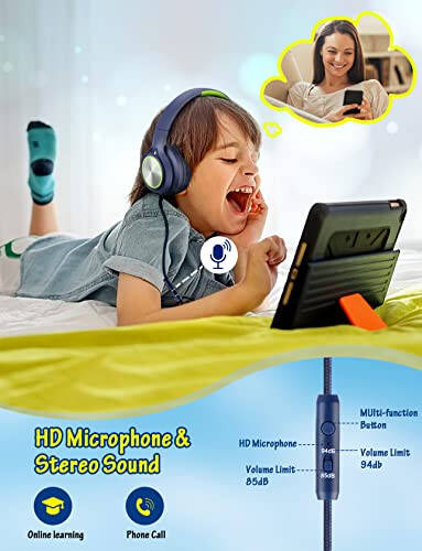 Kids Headphones with Cord , Wired Over Ear Headsets with Microphone Limited Volume 85dB/ 94dB, Portable Wired Headphones for Kids Boys Girls Teens Children Online School/Travel/iPad/Tablet/Cellphone - 2