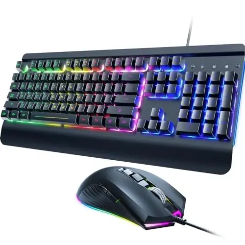 Wired Gaming Keyboard and Mouse Combo, 104 Keys All-Metal Panel Rainbow Computer Keyboard with Multimedia Keys Wrist Rest and LED Backlit Gaming Mouse 4200 DPI for Windows PC Gamers (Black) 