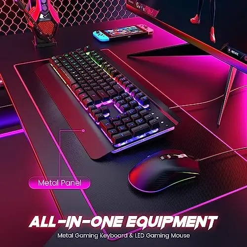 Wired Gaming Keyboard and Mouse Combo, 104 Keys All-Metal Panel Rainbow Computer Keyboard with Multimedia Keys Wrist Rest and LED Backlit Gaming Mouse 4200 DPI for Windows PC Gamers (Black) - 2