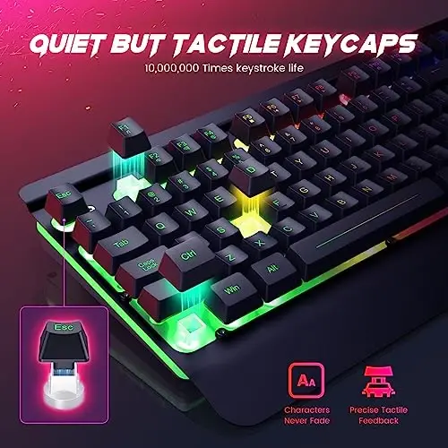 Wired Gaming Keyboard and Mouse Combo, 104 Keys All-Metal Panel Rainbow Computer Keyboard with Multimedia Keys Wrist Rest and LED Backlit Gaming Mouse 4200 DPI for Windows PC Gamers (Black) - 5