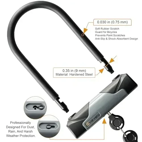 Via Velo Bike U-Lock with Cable, Heavy Duty Anti-Theft Bicycle U Locks with 8mm Braided Steel and 3 Keys, 4ft Length Security Cable for Bike, Scooter Mountain Road Bike - 3