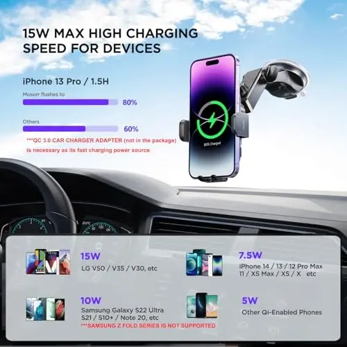 Wireless Car Charger,【7 Colored RGB Backlit】 Mosurr 15W Auto Clamping Phone Holders for Your car fit for iPhone 16 15 14 Mini Pro Max, Samsung Galaxy S25 Ultra S24 S23+, etc, Fathers Day for Gifts - 5