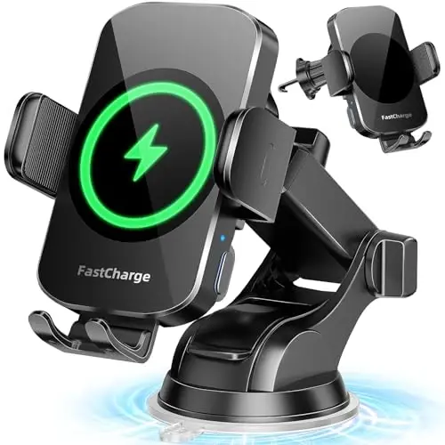 BothLin 3-in-1 Wireless Car Charger Mount, 15W Fast Charging Auto-Clamping Phone Holder for iPhone 17 16 15 14, Samsung Galaxy S24 S23, Dashboard, Vent & Windshield Car Mount(Black) 