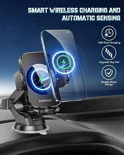 BothLin 3-in-1 Wireless Car Charger Mount, 15W Fast Charging Auto-Clamping Phone Holder for iPhone 17 16 15 14, Samsung Galaxy S24 S23, Dashboard, Vent & Windshield Car Mount(Black) - BOTHLIN (1)