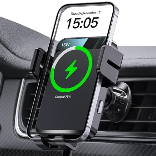 Wireless Car Charger, MOKPR Auto-Clamping Car Mount 15W/10W/7.5W Fast Charging Air Vent Car Phone Mount Compatible with iPhone 15/14/13/13 Pro/12 Pro Max/12 pro/12/11/10 Series, Samsung Galaxy Series 