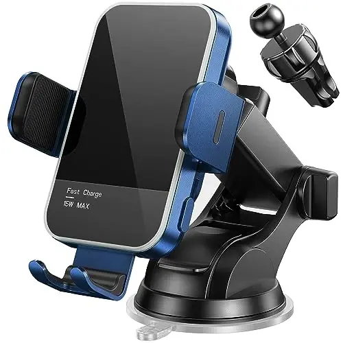 Wireless Car Charger,【7 Colored LED Backlit】15W Auto Clamping Car Charger Phone Mount Holder fit for iPhone 14 13 12 Mini Pro Max 11 XR XS X, Samsung Galaxy S23 Ultra S22 S21+ S10+ Note 20, etc - Blue - 1