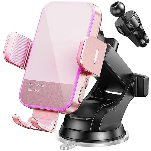 Wireless Car Charger,【7 Colored LED Backlit】 15W Auto Clamping Car Charger Phone Mount Holder fit for iPhone 14 13 12 Mini Pro Max 11 XR XS, Samsung Galaxy S23 Ultra S22 S21+ S10+ Note 20, etc - Pink - MOSURR