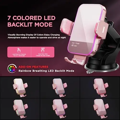 Wireless Car Charger,【7 Colored LED Backlit】 15W Auto Clamping Car Charger Phone Mount Holder fit for iPhone 14 13 12 Mini Pro Max 11 XR XS, Samsung Galaxy S23 Ultra S22 S21+ S10+ Note 20, etc - Pink - 2