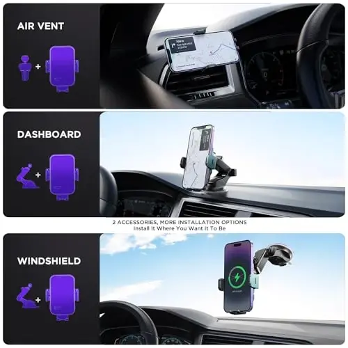 Wireless Car Charger,【7 Colored LED Backlit】 15W Auto Clamping Phone Mount Holder fit for iPhone 15 14 13 12 Mini Pro Max 11 XR XS X, Samsung Galaxy S23 Ultra S22 S21+ S10+ Note 20, etc - Green - 6