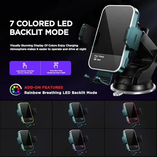 Wireless Car Charger,【7 Colored LED Backlit】 15W Auto Clamping Phone Mount Holder fit for iPhone 15 14 13 12 Mini Pro Max 11 XR XS X, Samsung Galaxy S23 Ultra S22 S21+ S10+ Note 20, etc - Green - MOSURR (1)