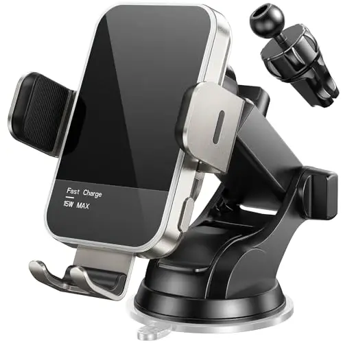 Wireless Car Charger,【7 Colored RGB Backlit】 15W Auto Clamping Car Charger Phone Mount Holder for iPhone 15 14 13 12 Mini Pro Max 11 XR X, Samsung Galaxy S23 Ultra S22 S21+ S10+ Note 20, etc - Silver - 1