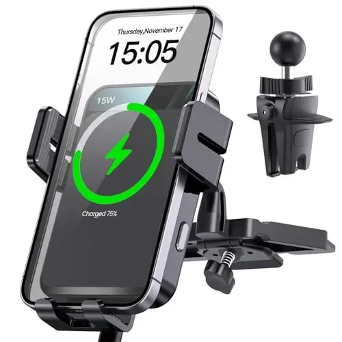 Wireless Car Charger, MOKPR Auto-Clamping Car Mount 15W/10W/7.5W Fast Charging CD Slot Air Vent Car Phone Mount Fit for iPhone 16 15/14/13/13 Pro/12 Pro Max/12 pro/12/11 Series, Samsung Galaxy Series - 1